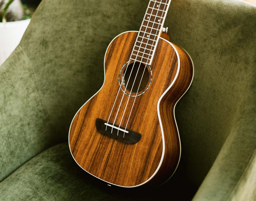 Harper concert acacia ukulele on a green velvet chair